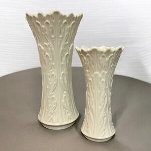 Lenox Woodland Vase Set 2pc Ivory China Cream Embossed Leaf Scalloped